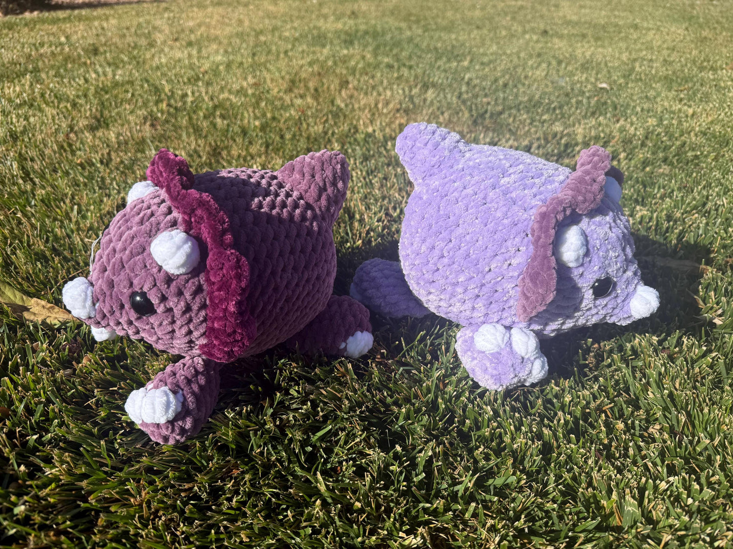 Crochet Triceratops Plushie Splooting