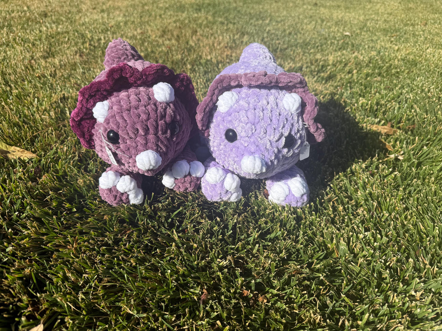Crochet Triceratops Plushie Splooting